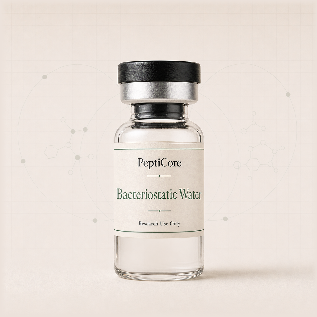 Bacteriostatic Water research-use catalog vial from PeptiCore