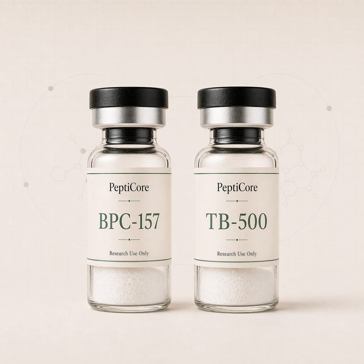 BPC-157 + TB-500 research-use catalog vial from PeptiCore